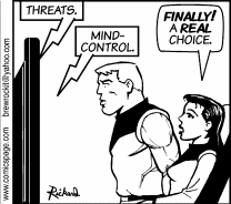 Brewster Rockit: Space Guy! cartoon about death threats and mind conttrol